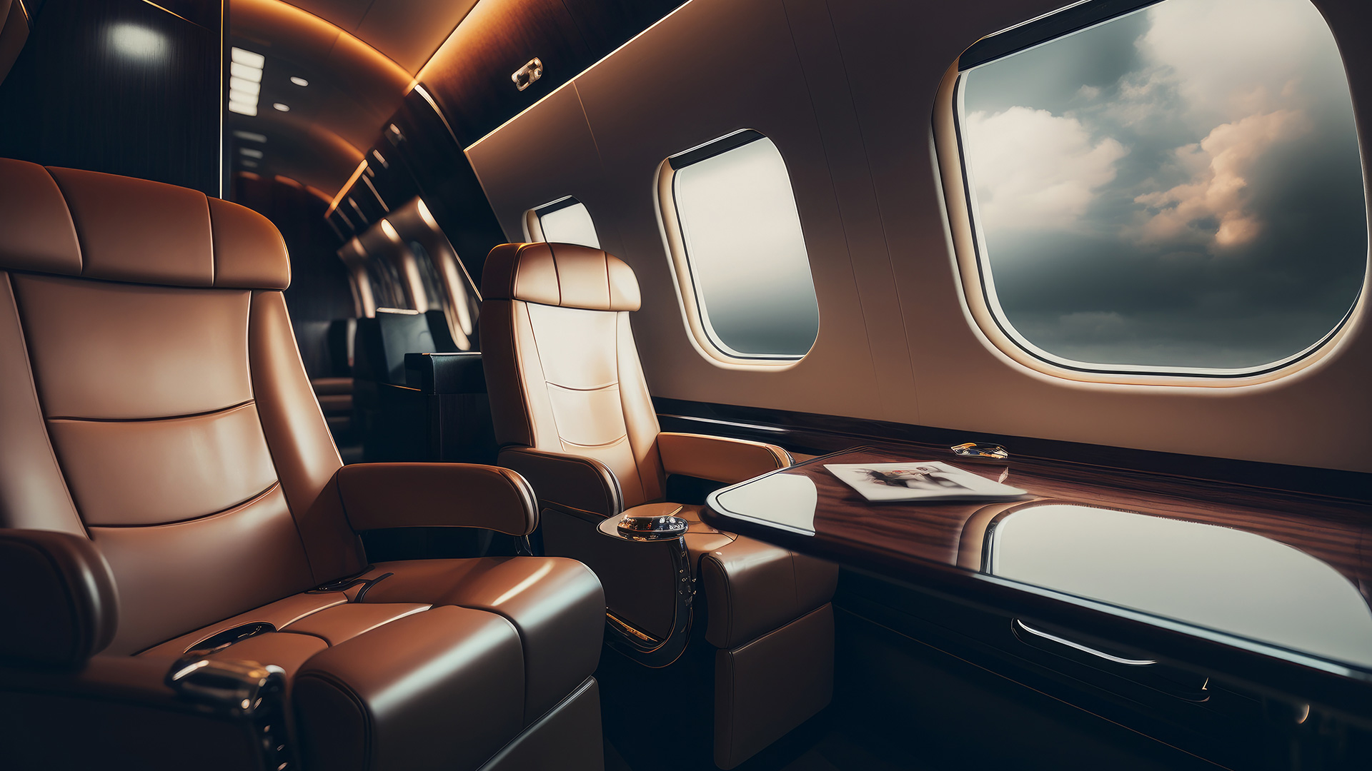 Luxuriöses Interieur eines Business Jets mit Safety Card